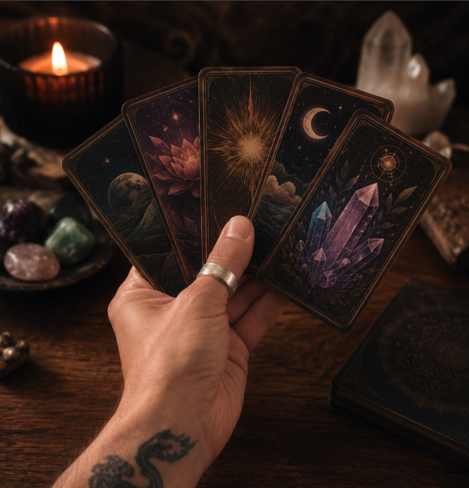 Hands holding a spread of ornate tarot cards