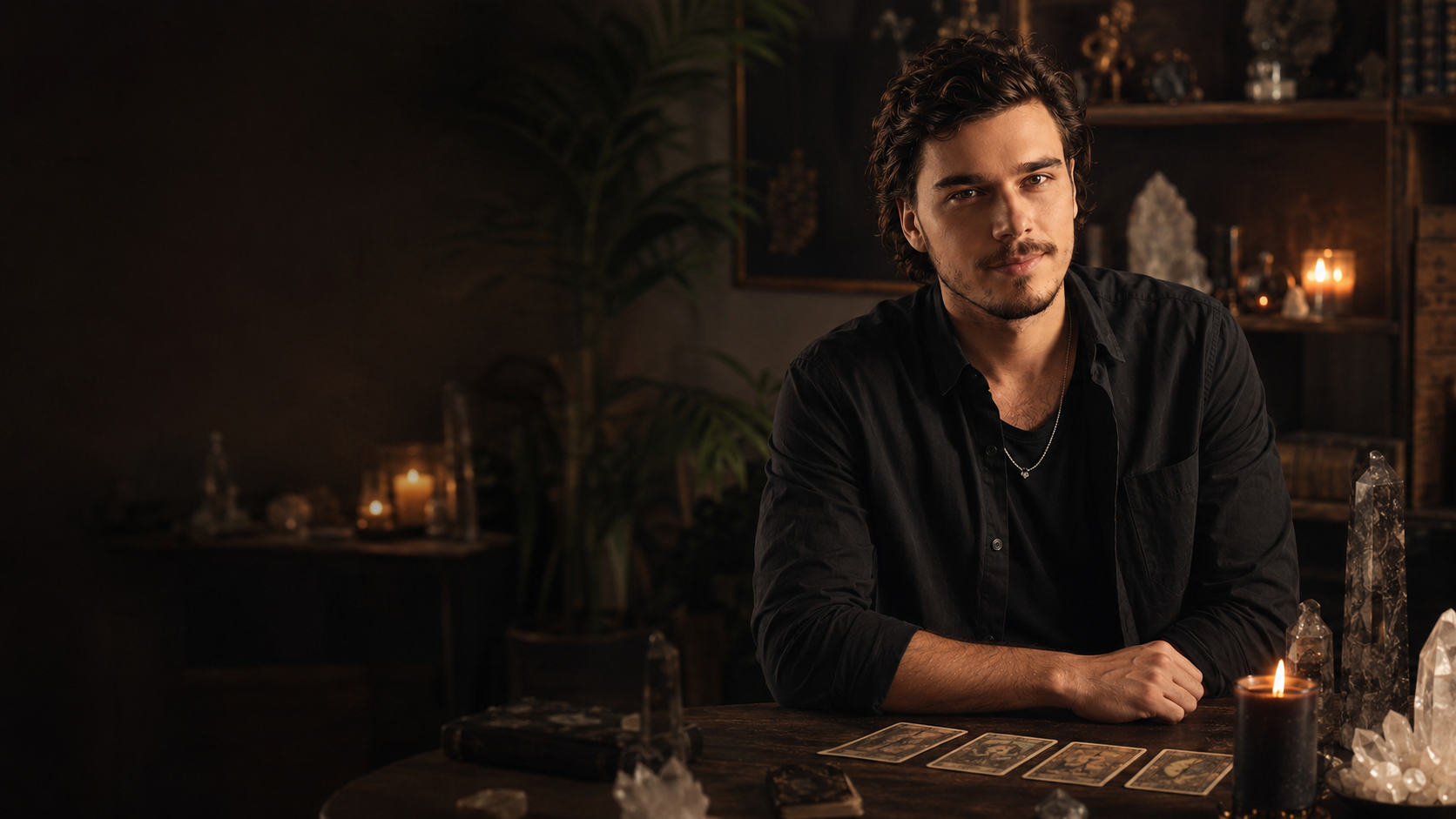 Peter Sousa seated at his reading table with tarot cards and crystals